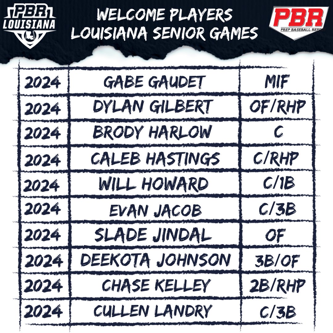 ⭐️ 𝕃𝕠𝕦𝕚𝕤𝕚𝕒𝕟𝕒 𝕊𝕖𝕟𝕚𝕠𝕣 𝔾𝕒𝕞𝕖𝕤 ⭐️ We’d like to welcome the following prospects to our LA Senior Games on 09/16/23 at LSU-Eunice. If you’re a @PBR_Uncommitted 2024, then request your invite 👇🏻. #BeSeen #LASrGames23 @prepbaseball 🔗 loom.ly/alw47N0