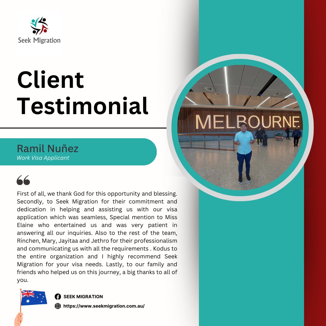 SeekMigration's tweet image. Visa Granted, Dreams Unleashed! Cheers to new beginnings.
Congratulations, Mr Nunez and thank you for placing your trust in us.
#AustraliaVisa #VisaGranted #EmployerSponsoredVisa #SeekMigration