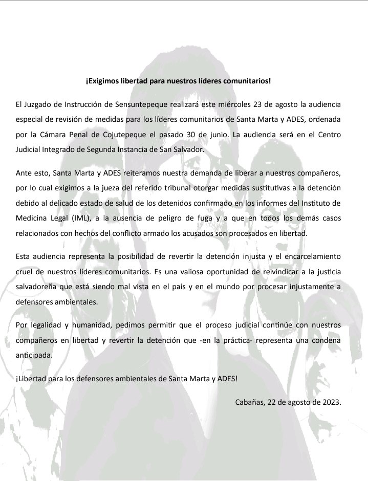 ALAMES-MP se une a  la exigencia de Libertad para Líderes Comunitarios en El Salvador de ADES y Santa Marta. 
#SantaMartaNoEstaSola
#ElSalvador <a href="/ades_sm/">ADES Santa Marta</a> <a href="/CorteSupremaSV/">Corte Suprema de Justicia de El Salvador</a>  <a href="/PDDHElSalvador/">PDDH El Salvador</a>