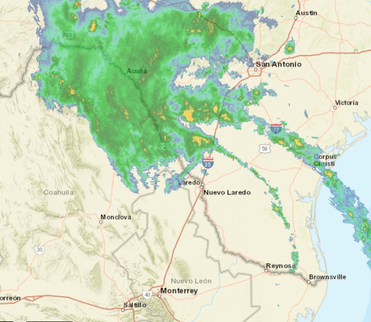 MauroMoralesMtz's tweet photo. Depresión #Harold pasando sobre #Laredo. En unas horas más se habrá disipado. Las lluvias se quedaron al norte de #Coahuila y en #Texas. https://t.co/ISIjT4GkUH