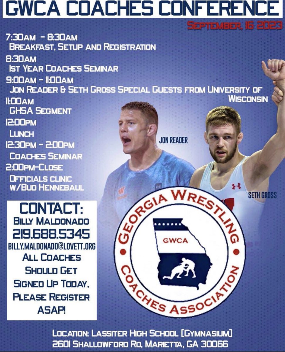 lassiterwrestle's tweet photo. 2 NCAA Champs coming to Lassiter for the GWCA Fall Coaches Clinic! Sign up now and learn from some of the best. https://t.co/PpXQTbPB7F