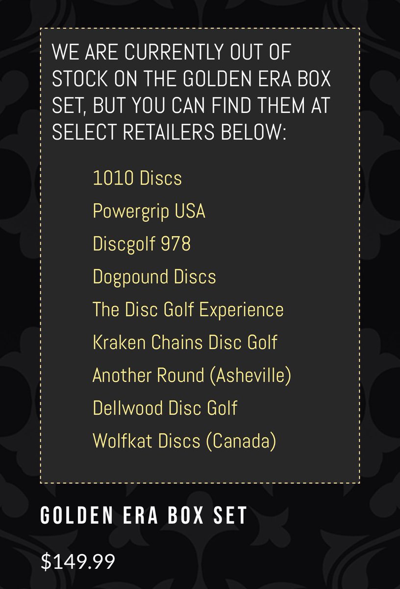 BrixtonDiscGolf's tweet photo. The Golden Era is officially out of stock. We blame Simon. You can find the last Golden Era boxes at these retailers. Good luck! #DiscGolfCards https://t.co/ZTROiD0ZAT