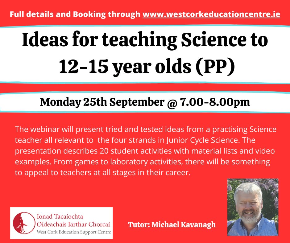WCWAUT23259 Ideas for teaching Science to 12-15 year olds on Mon 25th Sept @ 7.00-8.00pm. Full details &amp; booking through westcorkeducationcentre.ie/cpd-courses.ht…
<a href="/DalyDympna/">Dr. Dympna Daly</a> <a href="/ESCItweets/">ESCI</a>