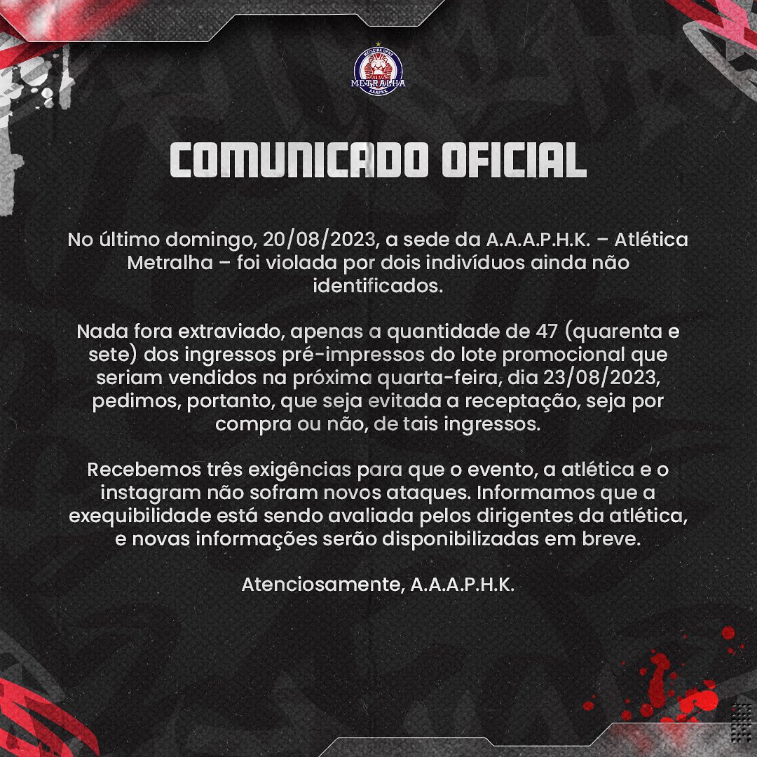 tweetralha's tweet photo. ⚠️A.A.A.P.H.K comunica⚠️

Recuperamos nosso instagram e estamos atrás dos responsáveis pelo ataque a nossa sede. 

SELVA Underground, dia 23.09❌

‼️Abertura das vendas quarta-feira, dia 23.08

https://t.co/L8fF6AfoQD https://t.co/xe4SZcTfRZ