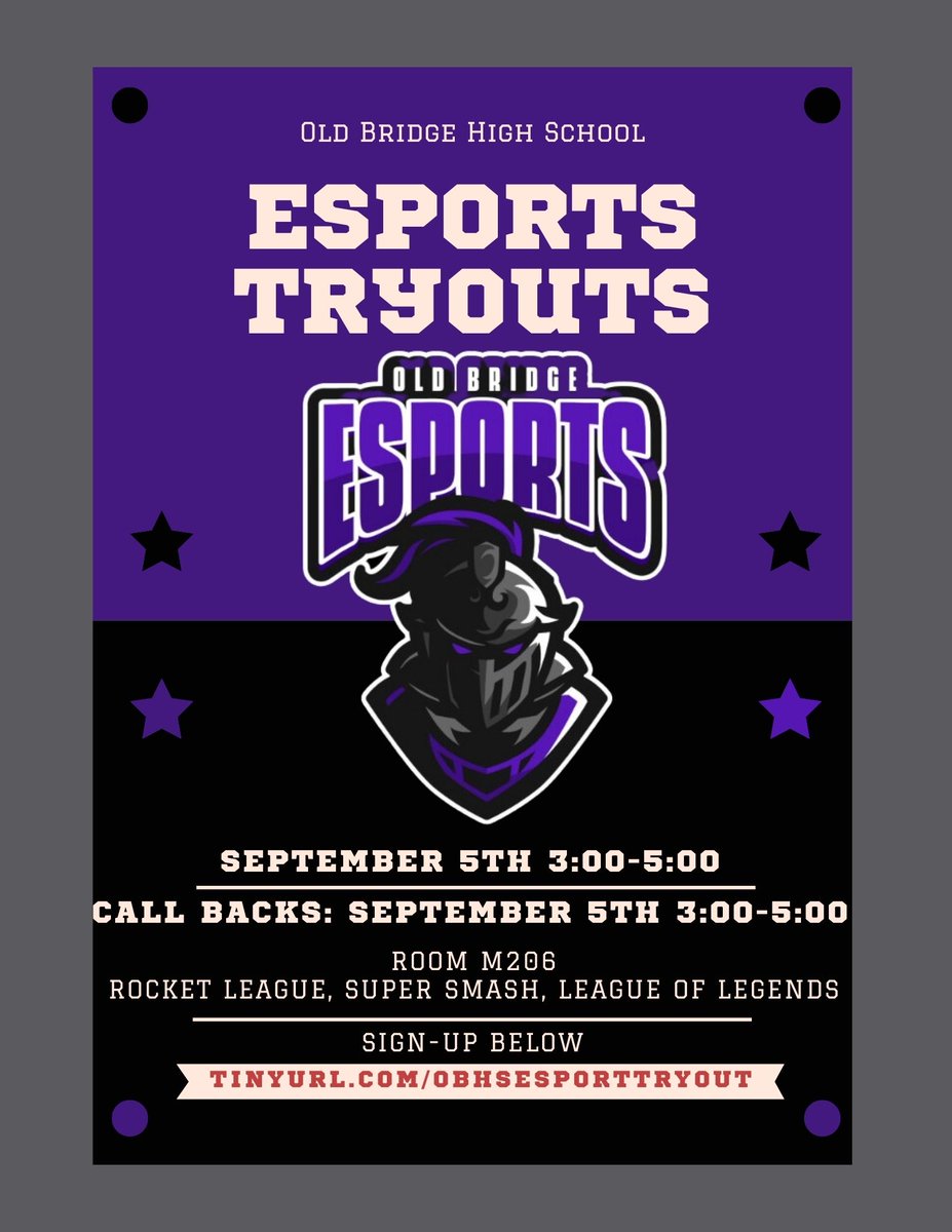 The first ever OBHS eSport Team tryouts are happening! Sept 5th and Sept 6th 3pm-5pm. Sign up today! tinyurl.com/OBHSesporttryo… @obhs_announce @FazioSally @OBassistantsup