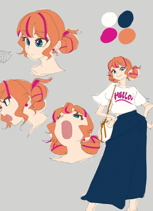色から考えるキャラデザ。差し色の使い方に迷って、メッシュ入れた。メッシュのキャラデザ多いのってこういう理由かぁってなった。 