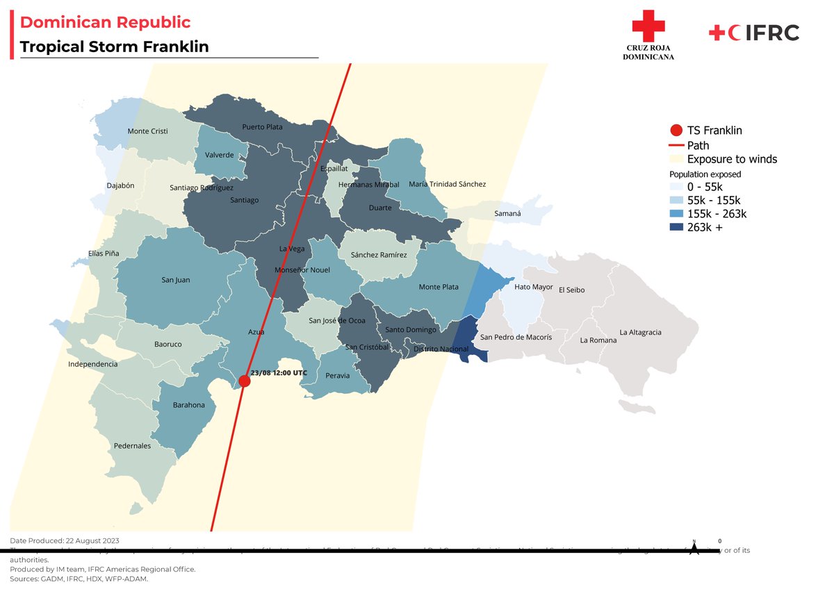 IFRC_es's tweet photo. 🌀 Tropical Storm Franklin's passage through the Dominican Republic and Haiti tonight will cause torrential rains.

⛑️ IFRC's network is getting ready to respond, with prepositioned stock in the Dominican Republic.

⚠️ Media: use of map is available, with credits to the IFRC https://t.co/vwemMWzCho