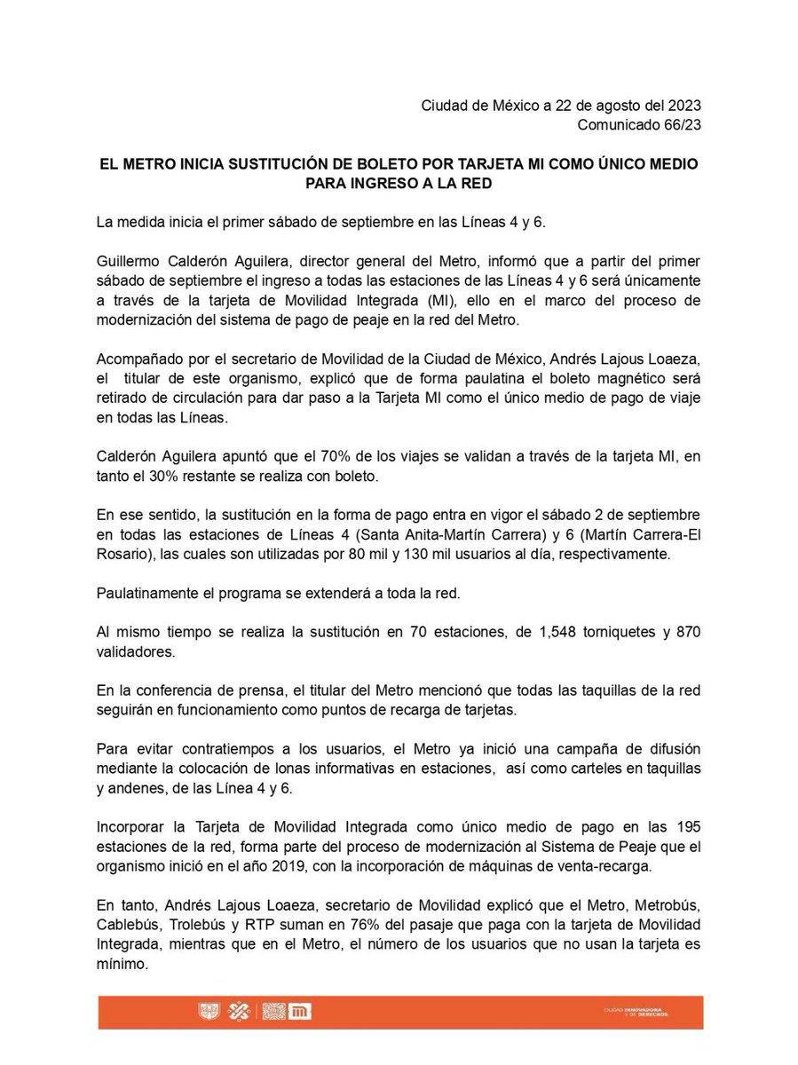 MetroCDMX's tweet photo. El Metro inicia sustitución de boleto por #TarjetaMI como único medio para ingreso a la red. https://t.co/Uwxqwc7BpJ