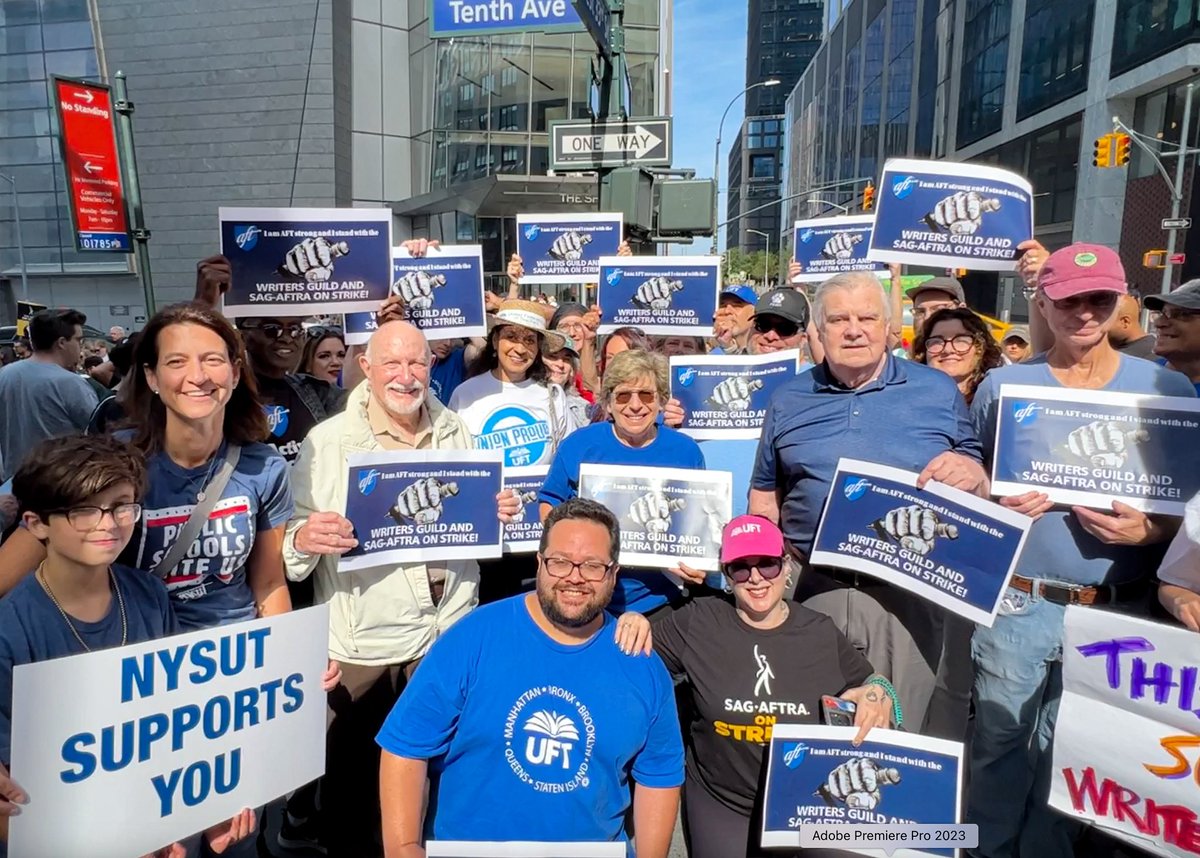 nysut's tweet photo. Some scenes from today’s National Day of Solidarity with President @MelindaJPerson, @AFLCIO, @sagaftra, @AFTunion, @UFT, @WGAEast/@WGAWest! 

Fair contract for our nation’s incredible actors and writers NOW! https://t.co/AClzqn6e02