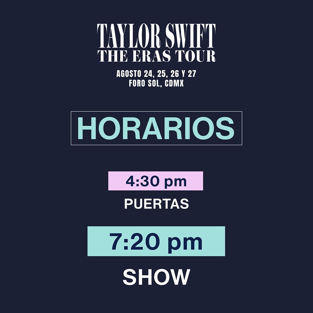 ailoviutl's tweet image. Horarios, Setlist (probable) para Taylor Swift @ Foro Sol, CDMX. 🇲🇽

PUERTAS: 16:30 HRS
SABRINA CARPENTER: 19:20 HRS
TAYLOR SWIFT: POR CONFIRMAR 

#TSTheErasTour 
#1989TV  #LATSTheErasTour #1989taylorsversion          #taylorswift   #1989TV #MexicoTStheErasTour