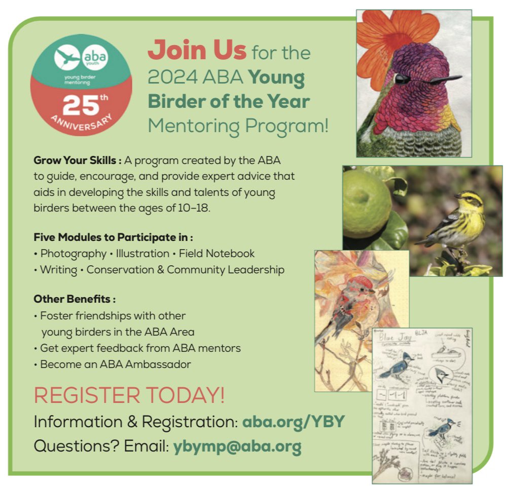 The deadline to register for the ABA Young Birder of the Year Mentoring Program is September 15, 2023! Young birders ages 10-18 can engage with some of the most respected birders in North America as they hone skills &amp; expertise. Learn more: ABA.org/YBY