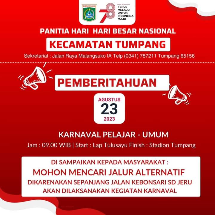 Bantu info lagi min <a href="/infomalang/">Info Malang</a>, jalur protokol tumpang akan ada giat karnaval Kecamatan Tumpang. Bagi masyarakat yg akan melintas agar mencari jalur alternatif. Nuwus min