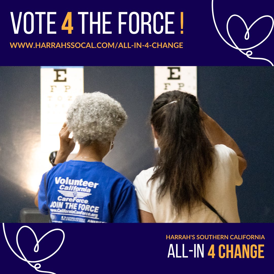 CACareForce's tweet photo. Are you ALL-IN to support the Force? It’s easy, just click the voting link and select California CareForce as your charity of choice: https://t.co/zxWoFiPzGa Please share! The more votes we get, the better the chance for CCF to win a cash grant. #AllIn4Change #HarrahsSoCal https://t.co/2TTE8WWv8J