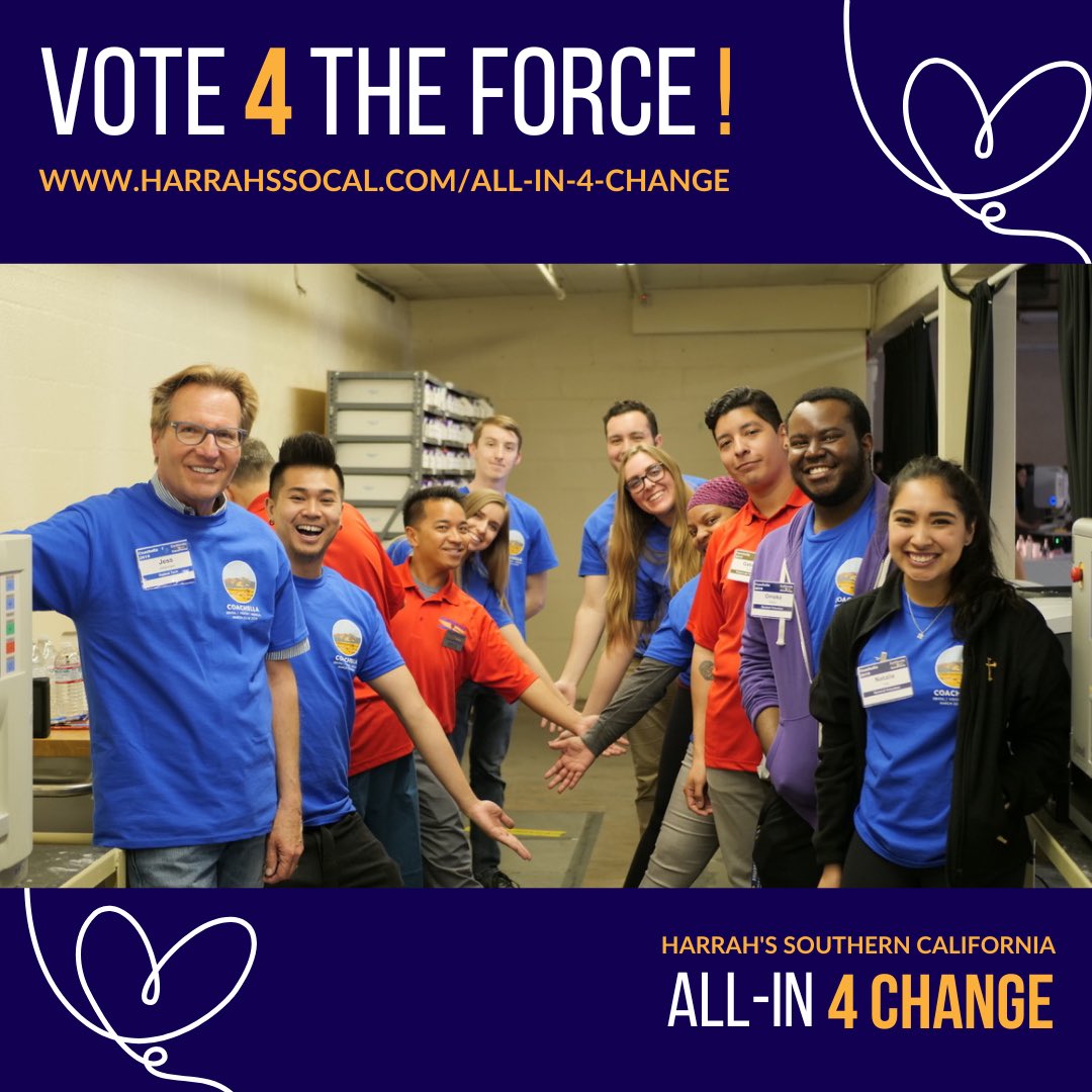 CACareForce's tweet photo. Are you ALL-IN to support the Force? It’s easy, just click the voting link and select California CareForce as your charity of choice: https://t.co/zxWoFiPzGa Please share! The more votes we get, the better the chance for CCF to win a cash grant. #AllIn4Change #HarrahsSoCal https://t.co/2TTE8WWv8J