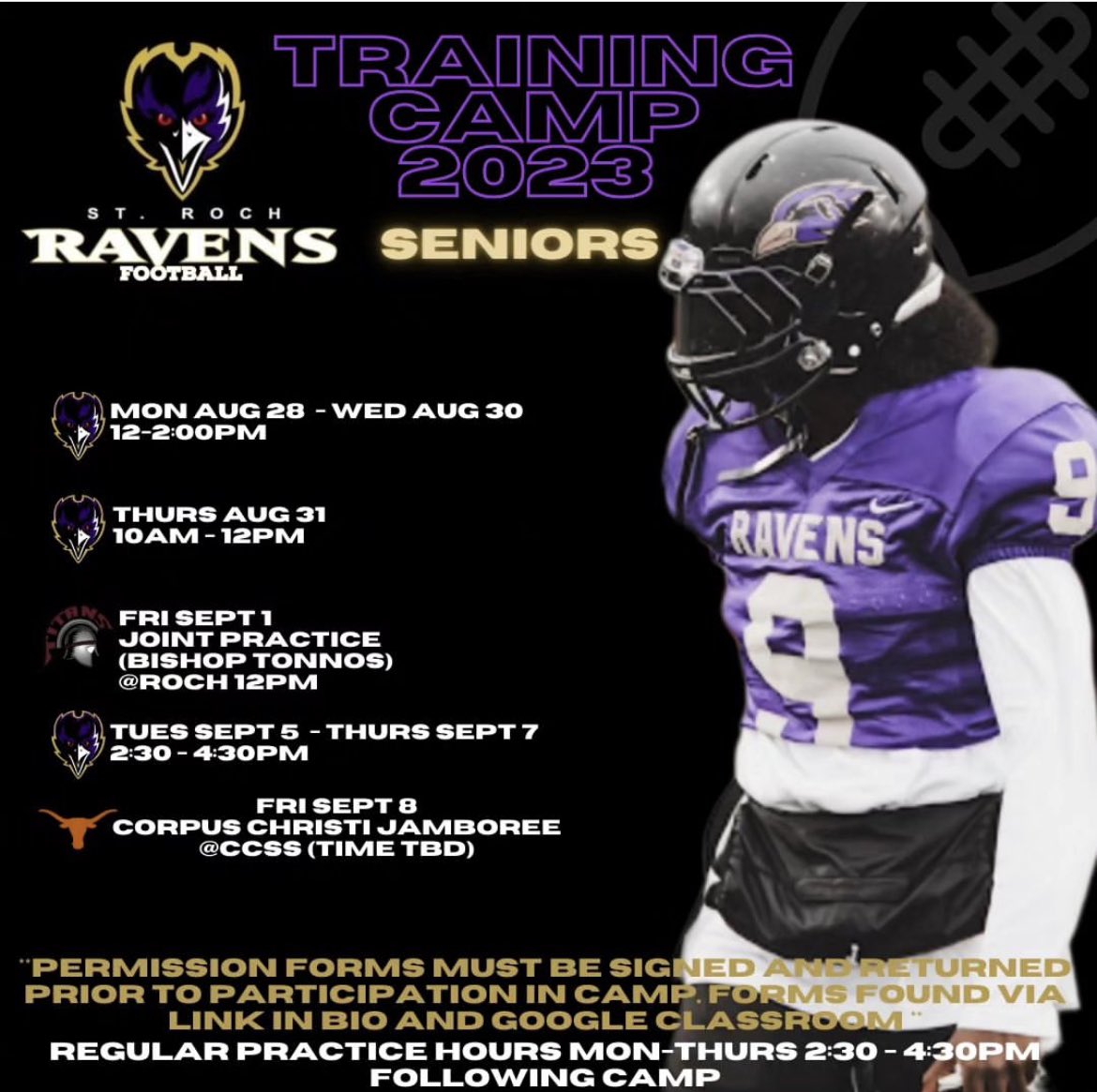 St Roch Football begins their 14th season next week with JR and SR training camps kicking off .  

Players -check the Google classroom to get your forms signed.  All new incoming grade 9s are encouraged to come out