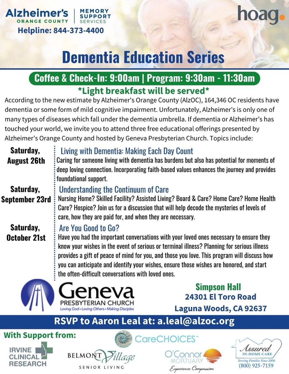 OCAlzheimers's tweet photo. Has dementia impacted you?  These free educational  presentations by Alzheimer’s Orange County and hosted by Geneva can help.  A free continental breakfast will be provided at each event.

RSVP: Aaron Leal at: a.leal@alzoc.org 
Learn more at https://t.co/bgYWArEP23 https://t.co/FTcIqK9GF3