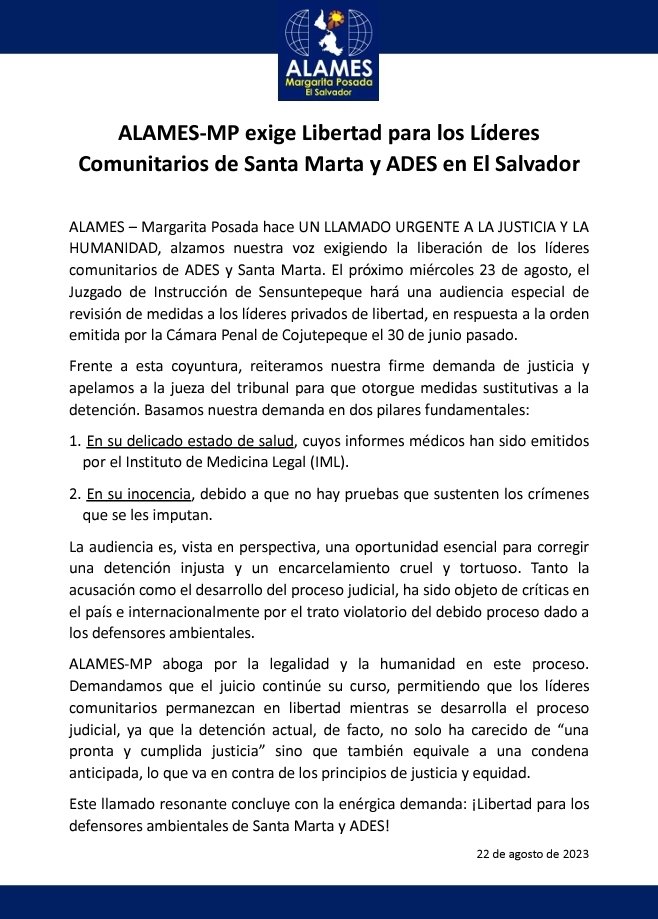 ALAMES – Margarita Posada hace UN LLAMADO URGENTE A LA JUSTICIA Y LA HUMANIDAD, alzamos nuestra voz exigiendo la liberación de los líderes comunitarios de ADES y Santa Marta.
<a href="/ades_sm/">ADES Santa Marta</a> #ElSalvador #Justicia