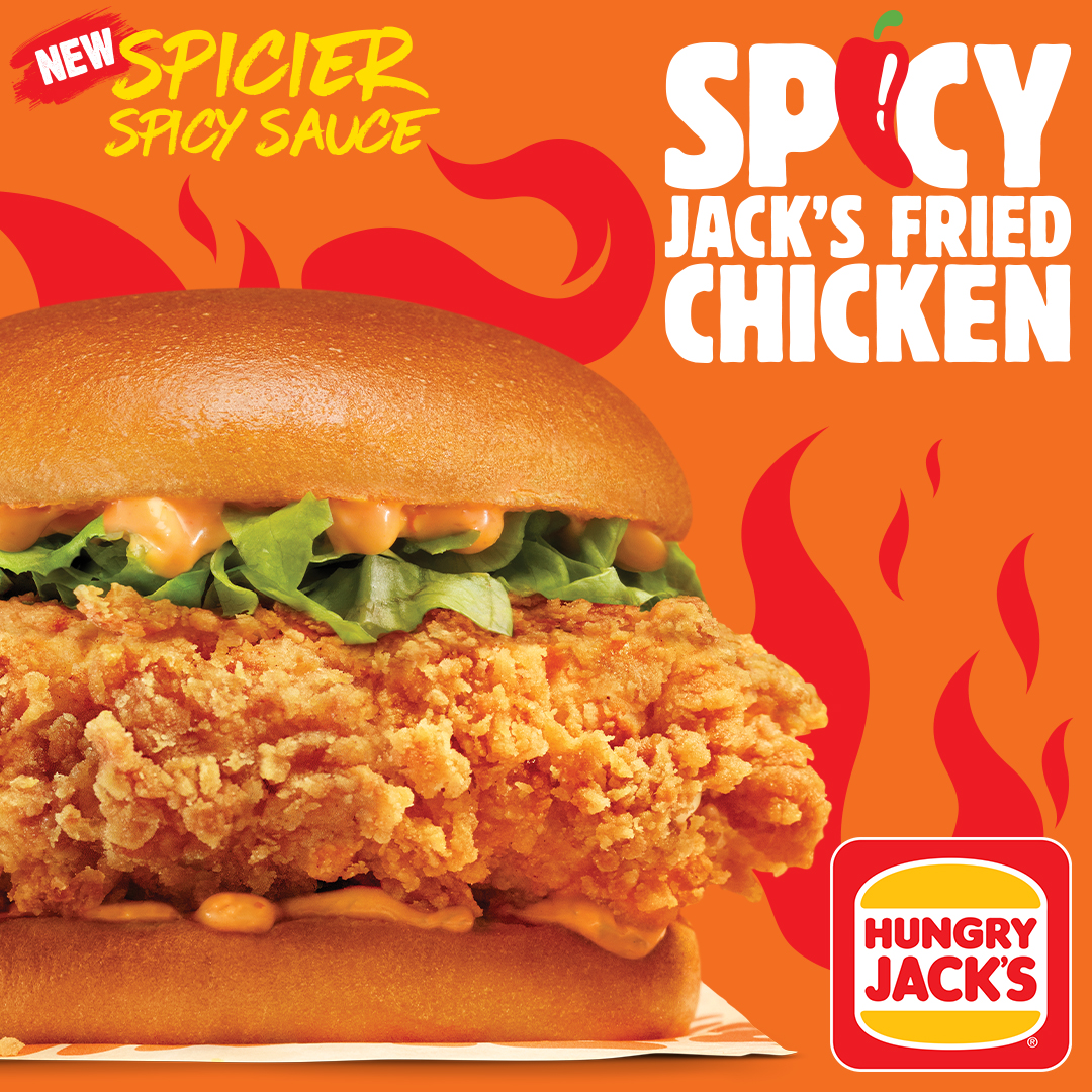 We’re cranking up the heat with our NEW Spicier Spicy Sauce on our Spicy Jack’s Fried Chicken burger! 😍🔥 Drizzled on a big, thick, crispy, juicy chicken fillet, bite into the perfect balance of heat and flavour. 🍔