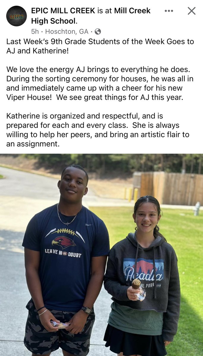 I am honored to be selected as student of the week! Academics are just as important as athletics. #grindhard