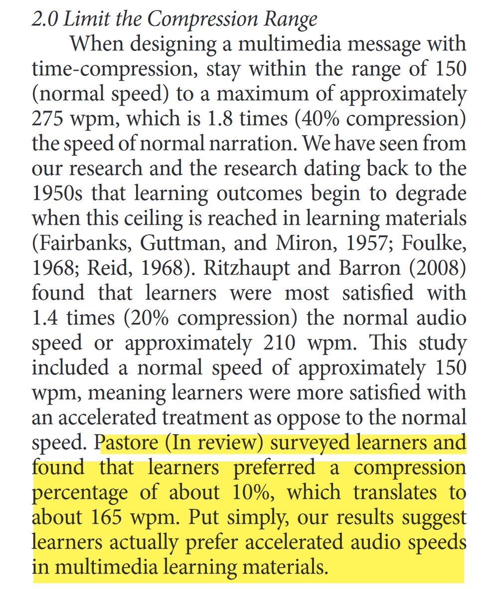 emollick's tweet photo. You can speed up lectures on complex information up to ⏩1.5x, especially if there is a video. Any faster and learning &amp; satisfaction drop

Also, it helps if videos are short &amp; visuals align with the words, but don't just have slides with the words on them https://t.co/sJsfFW0jHT https://t.co/QCo8UM4PTx