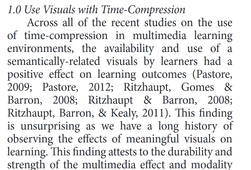 emollick's tweet photo. You can speed up lectures on complex information up to ⏩1.5x, especially if there is a video. Any faster and learning &amp; satisfaction drop

Also, it helps if videos are short &amp; visuals align with the words, but don't just have slides with the words on them https://t.co/sJsfFW0jHT https://t.co/QCo8UM4PTx