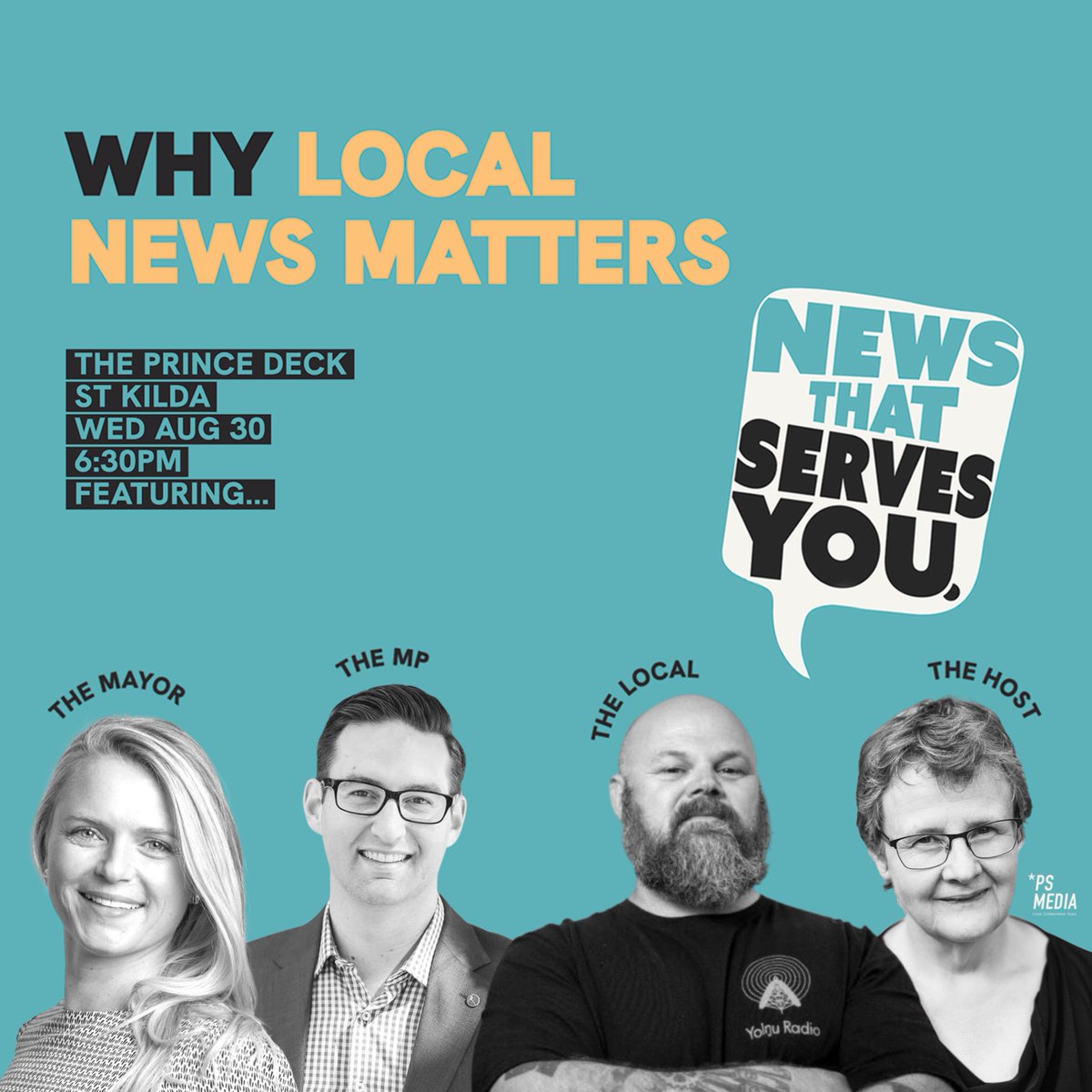 PSMedia's tweet image. People of Port Phillip! You are invited to a community discussion on local news featuring Mayor Heather Cunsolo, Josh Burns MP, and The Age's Jack Latimore, moderated by our co-founder @MargaretSimons.

6:30pm at The Prince on Wednesday 30 August.

bit.ly/RSVPWhyLocalNe…