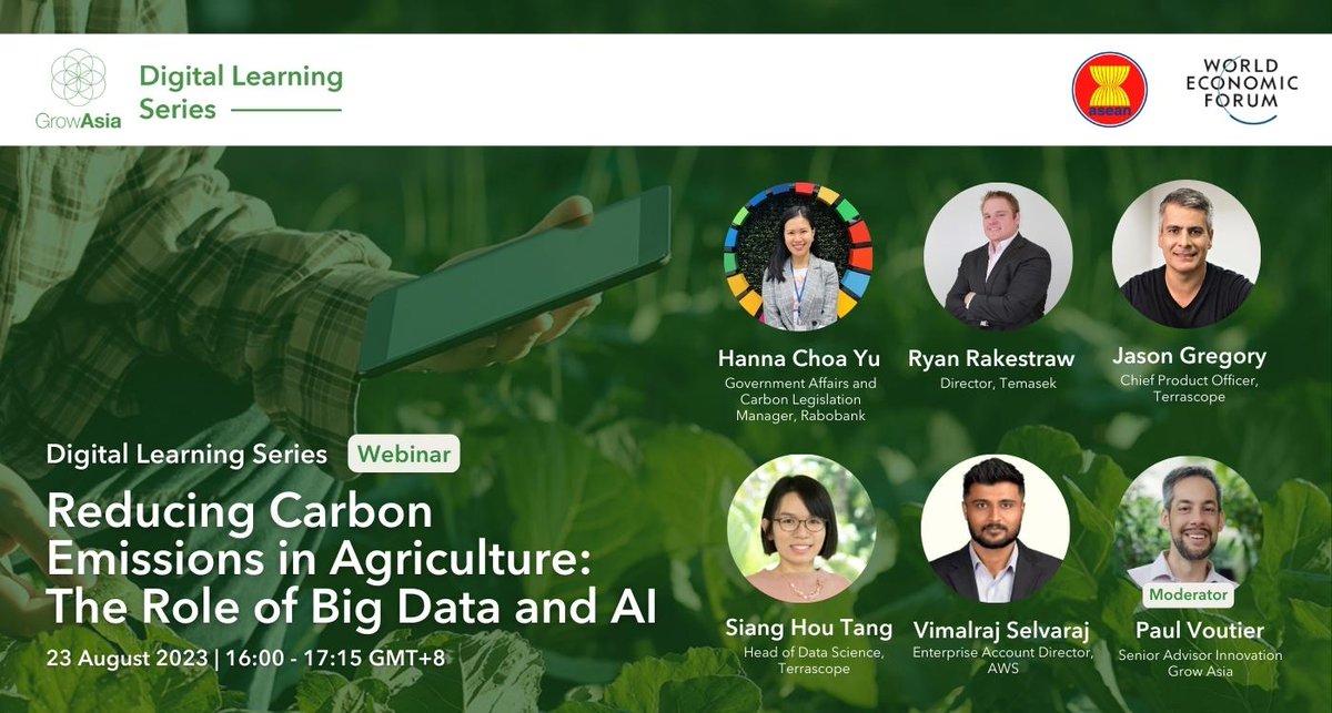 🚀 Join us today for the Grow Asia Digital Learning Series on "Reducing Carbon Emissions in Agriculture: The Role of #BigData and #AI." 

🗓️ Date: August 23, 2023
🕓 Time: 16:00 - 17:10 GMT+8
Register for the webinar here 👉 us06web.zoom.us/webinar/regist…