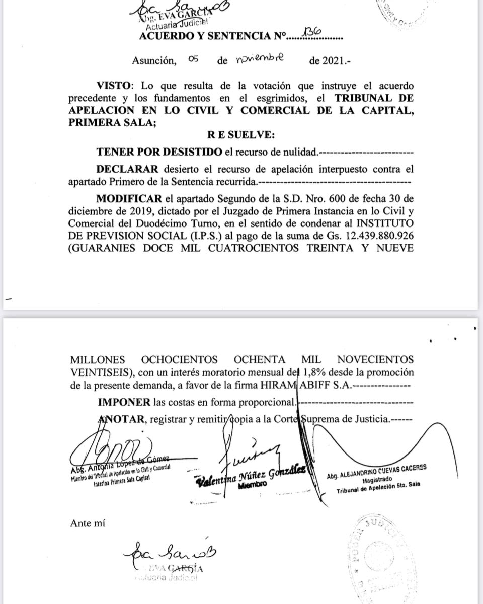 🩸IPS DESANGRA!
Leyendo las resoluciones de la Corte Suprema de Justicia, obrante en la página web oficial, encontré un fallo donde el <a href="/IPSParaguay/">IPS Paraguay</a> fue condenado a pagar una multimillonaria suma en concepto de Indemnización de Daños y Perjuicios G. 12.439.880.926, más intereses