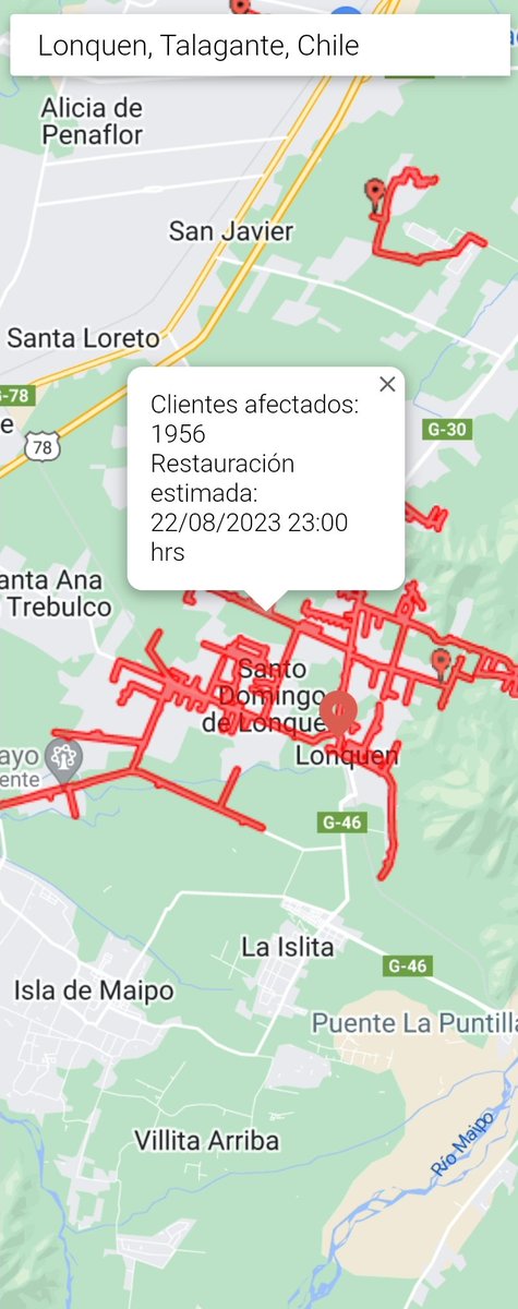 AlertaIslaMaipo's tweet image. Corte de luz en Provincia de Talagante afecta a gran parte del sector Lonquén. 
Hora aproximada de reposición 23hrs según @CGE_Clientes 
#Comparte