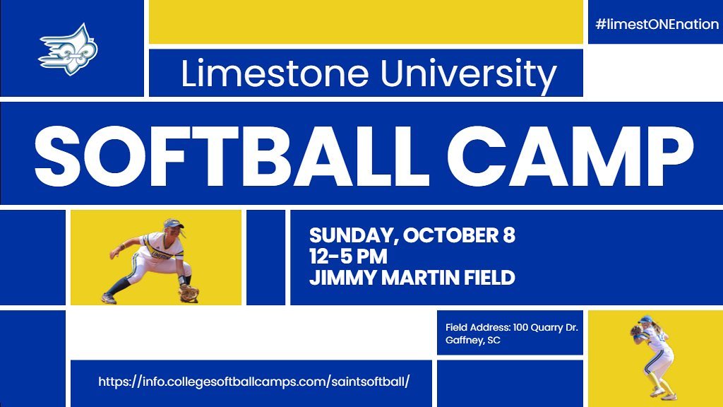 Don't miss our next Prospect Camp!  

When: Saturday, October 8th   
Where: Jimmy Martin Field 100 Quarry Dr.  Gaffney, SC Time: 2:00pm-5:00pm Get signed up today!  #limestONEnation

Sign up today:
info.collegesoftballcamps.com/saintsoftball/

💙💛🤍