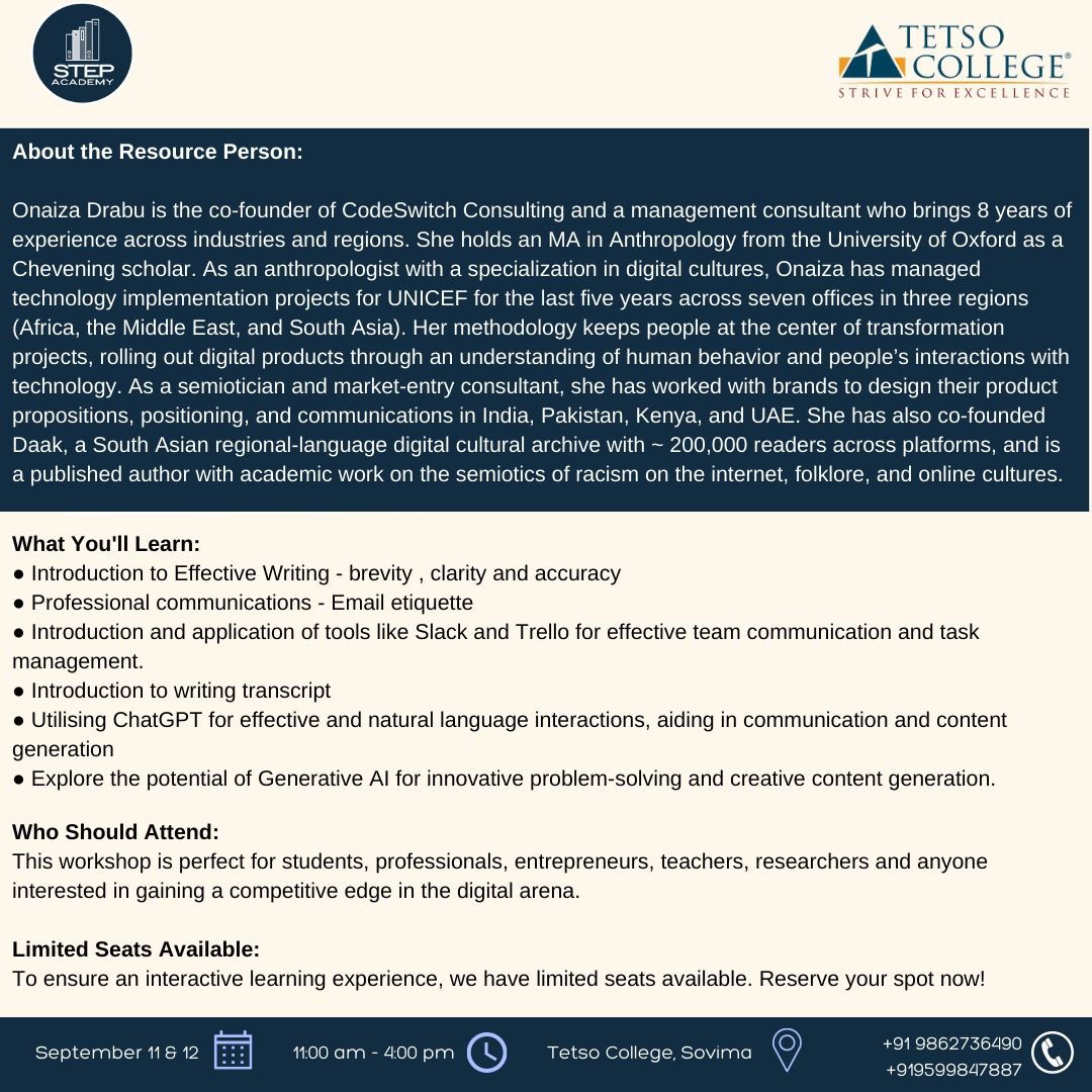 TetsoCollege's tweet photo. Join us for a workshop on "Skilling for Digital Workspace" in collaboration with STEP Academy with instructor @onaizad
She is a management consultant with extensive experience accross the middle east, Africa and South Asia.
#striveforexcellence #dreamthinkdo https://t.co/5CZ2n8gzYF