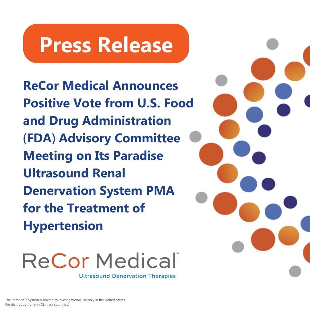 NEWS: An update on the outcome of today’s FDA panel meeting on the Paradise Ultrasound Renal Denervation System PMA, our investigational device in the U.S. for treatment of hypertension: bit.ly/3OEbgAw

#RenalDenervation #Hypertension #uRDN