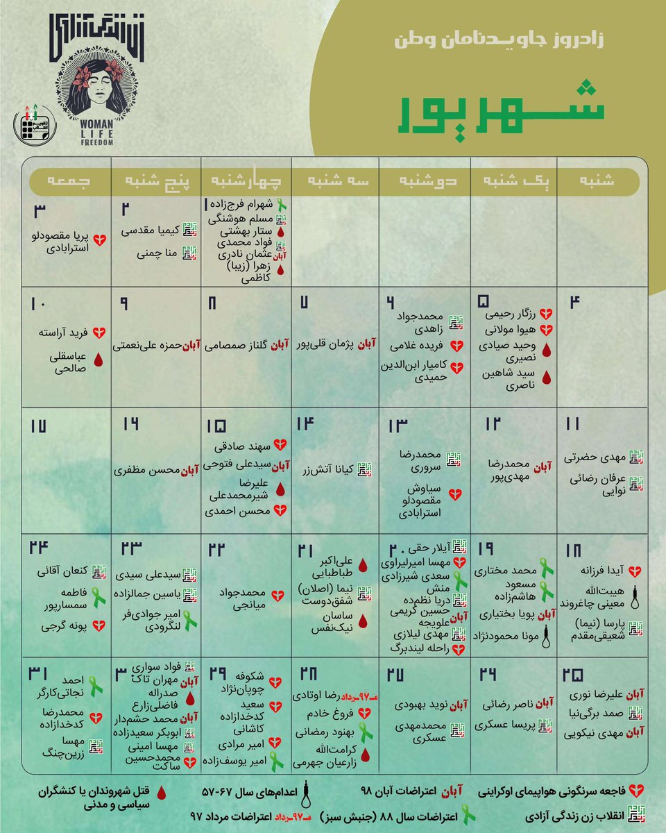 TaghvimEnghelab's tweet photo. «ژینا گیان تۆ نامری، ناوت ئه‌بێته ڕه‌مز»

شهریورماه را با نام و یاد ۸۱ قربانی جنایات رژیم جمهوری اسلامی در ۴۴ سال گذشته آغاز می‌کنیم. میلاد مهسای ما، اسم رمز انقلاب ما، در این ماه است. #مهسا_امینی دختر ایران در این ماه به قتل رسید. شهریور، ماهی‌ست که بسیاری از رهبران انقلاب ما در آن متولد و کشته شده‌اند:

تاریخچه‌ای که شما نوشتید، مسیر رسیدن به آزادی را ترسیم می‌کند. شما نشان دادید چگونه می‌توان با عزت و شرف در برابر استبداد ایستاد. شما نشان دادید که عشق به وطن و ارزش‌های انسانی بالاتر از هر چیز دیگری‌ست.

ما امروز، به یاد شما ادامه می‌دهیم. ما رویاهای شما را تحقق می‌بخشیم و فرزندان ما آن‌ها را زندگی خواهند کرد.

#زن_زندگى_آزادى