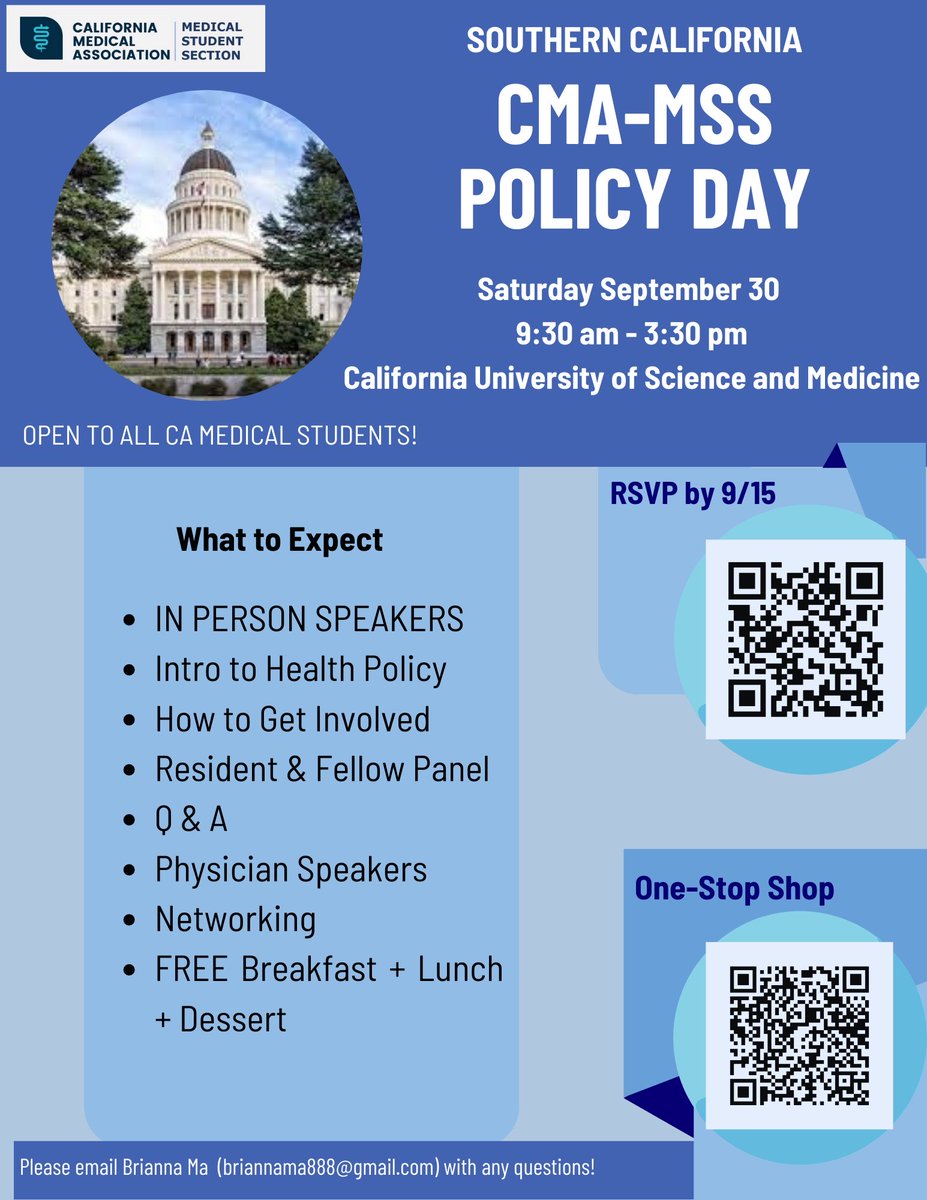 SBCMS's tweet photo. Calling all CA #MedStudents. Snag your spot at the Sept. 30 @cmadocs Medical Student Section (MSS) Policy Day. Free to attend-RSVP deadline is 9/15. @CUSMedicine @LLUMedSchool @WesternU_COMP https://t.co/1OPC6ksRYw