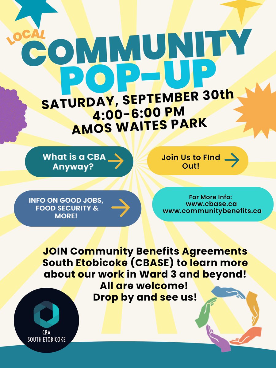 cbasouthetobico's tweet photo. PLEASE NOTE DATE CHANGE! We are having another pop-up in the park at Amos Waites in Mimico!
This time it is on Saturday, September 30th from 4:00-6:00 PM.
Join us for information on exactly what are Community Benefits Agreements (CBA’s) anyway?
#community #cba #equity https://t.co/8R3yGcnqUD