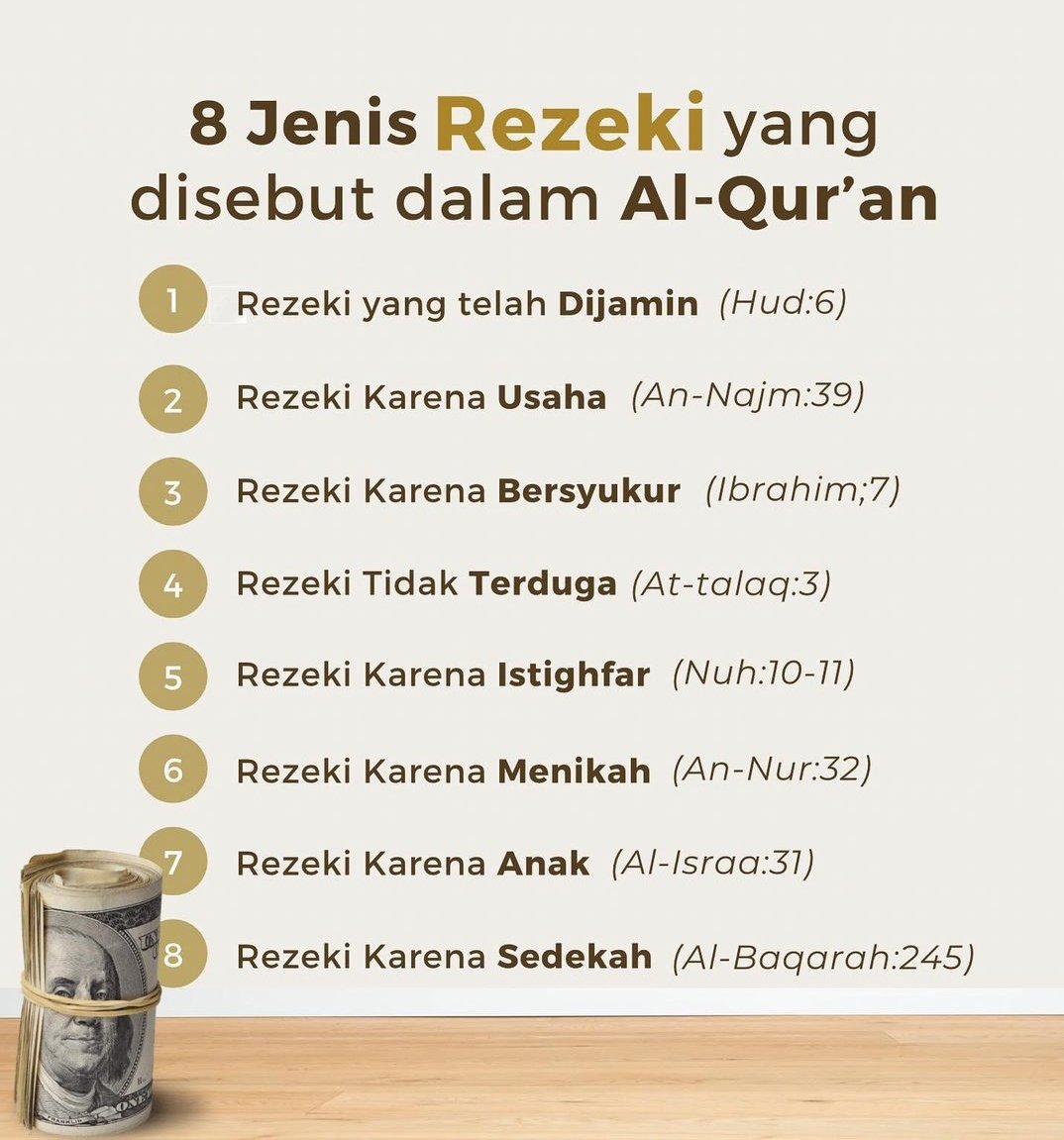 ManJaddaWaJadaa's tweet photo. DELAPAN JENIS REZEKI DARI ALLAH 

1.Rezeki Yang Telah Dijamin. 

Dan tidak satupun makhluk bergerak (bernyawa) di bumi melainkan semuanya dijamin Allah rezekinya. 
(Surah Hud : 6). 

2. Rezeki karena Usaha. 

Dan bahwa seseorang tidak mendapat pahala kecuali pahala amalnya yang telah ia kerjakan. 
(Surah An-Najm : 39). 

3. Rezeki karena Bersyukur. 

Dan (ingatlah) ketika Tuhanmu memaklumkan, “Sesungguhnya jika kamu bersyukur, niscaya Aku akan menambah (nikmat) kepadamu, tetapi jika kamu mengingkari (nikmat-Ku), maka pasti azab-Ku sangat berat.” 
(Surah Ibrahim : 7). 

4. Rezeki Tak Terduga. 

dan Dia memberinya rezeki dari arah yang tidak disangka-sangkanya. Dan barangsiapa bertawakal kepada Allah, niscaya Allah akan mencukupkan (keperluan)nya. 
(Surah At-Thalaq : 2-3). 

5. Rezeki karena Istighfar. 

"Mohonlah ampunan kepada Tuhanmu, Sungguh, Dia Maha Pengampun, niscaya Dia akan menurunkan hujan yang lebat dari langit kepadamu, dan Dia memperbanyak harta dan anak-anakmu, dan mengadakan kebun-kebun untukmu dan mengadakan sungai-sungai untukmu." 
(Surah Nuh : 10-11). 

6. Rezeki karena Menikah. 

Dan nikahkanlah orang-orang yang masih membujang di antara kamu, dan juga orang-orang yang layak (menikah) dari hamba-hamba sahayamu yang laki-laki dan perempuan. Jika mereka miskin, Allah akan memberi kemampuan kepada mereka dengan karunia-Nya. Dan Allah Mahaluas (pemberian-Nya), Maha Mengetahui. 
(Surah An-Nur : 32). 

7. Rezeki karena Anak. 

Dan janganlah kamu membunuh anak-anakmu karena takut miskin. Kamilah yang memberi rezeki kepada mereka dan kepadamu. Membunuh mereka itu sungguh suatu dosa yang besar. 
(Surah Al-Israa' : 31). 

8. Rezeki karena Sedekah. 

Barangsiapa meminjami Allah dengan pinjaman yang baik maka Allah melipatgandakan ganti kepadanya dengan banyak. Allah menahan dan melapangkan (rezeki) dan kepada-Nyalah kamu dikembalikan. 
(Surah Al-Baqarah : 245).