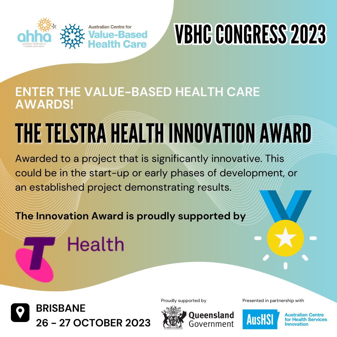 aushealthvalue's tweet photo. The Telstra Health Innovation Award presented at #VBHCC23 will recognise a project that shows innovation in the value-based health care space. Does this sound like a project you are working on? Find out more and enter your project via the Congress website https://t.co/DBJfXZBbhW https://t.co/gqbX7dGaFV