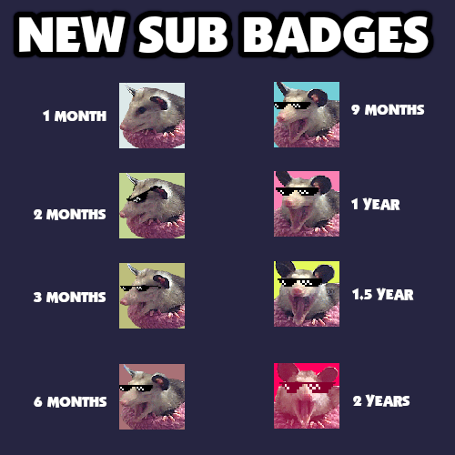 I am pleased to announce that I have made sub badges. Please enjoy in the chat!

#twitch #twitchsubs #subbadge #vtuber #ENVtuber  #opossum