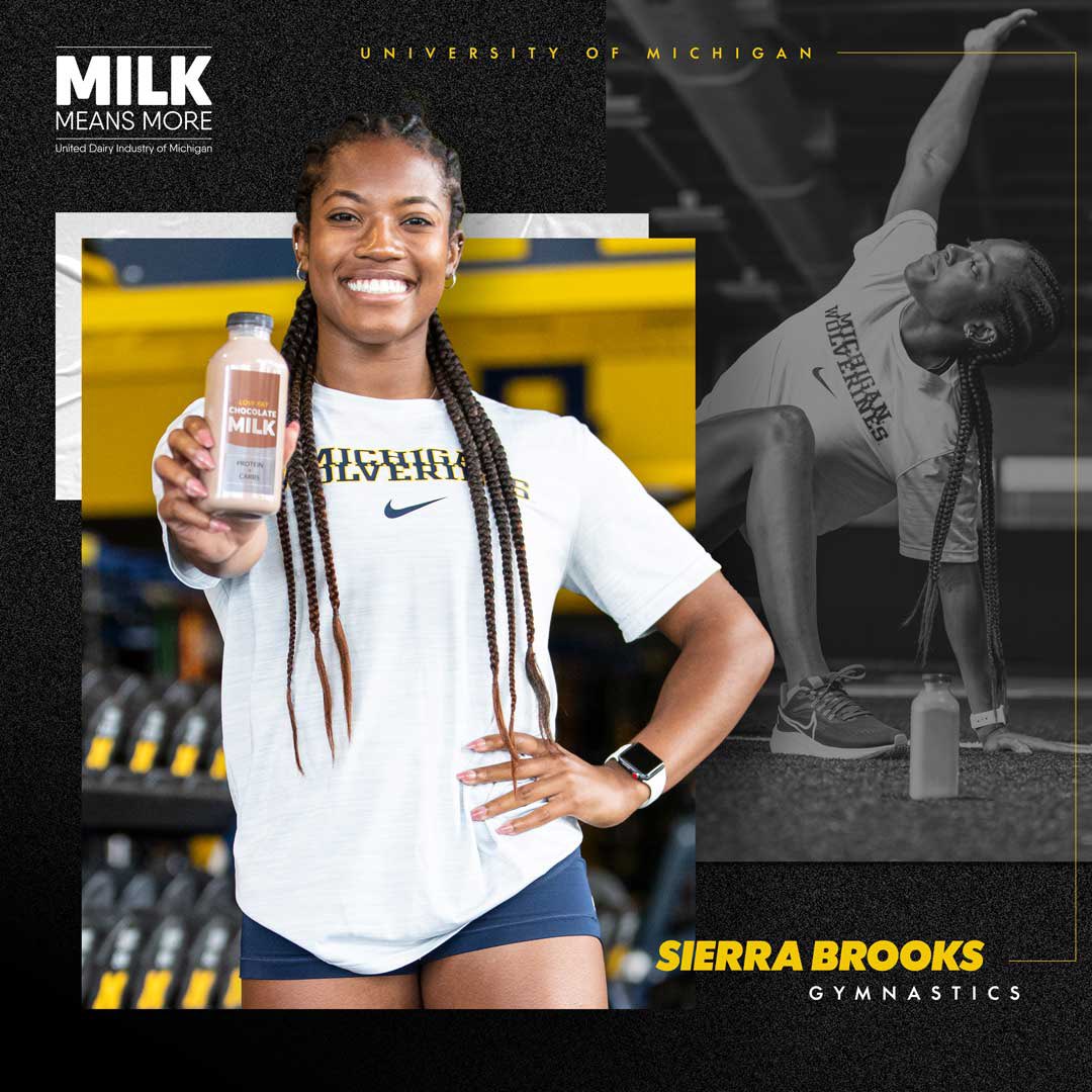 We’re excited to welcome University of Michigan gymnast @sierrabbrooks_ back to the Milk Means More team. Whether it’s getting ready for competition or the classroom, Sierra fuels up each day with protein-rich chocolate milk. #milkmeansmore #gonnaneedmilk #udimathlete