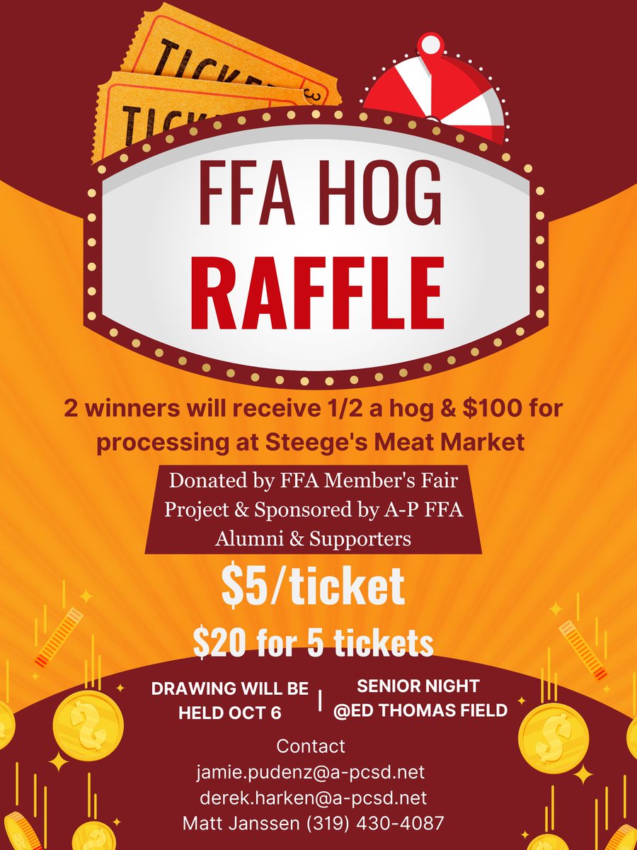AplParkFFA's tweet photo. Exciting news &amp; a great way to beat the heat!!! The A-P FFA Alumni will be selling $3 chocolate malts at Ed Thomas Field on Friday night. Starts at 6pm! This is a fundraiser for senior scholarships. Thank you to Butler Co Pork Promotors! They will also be sell hog raffle tickets! https://t.co/5wU2Y31IFW