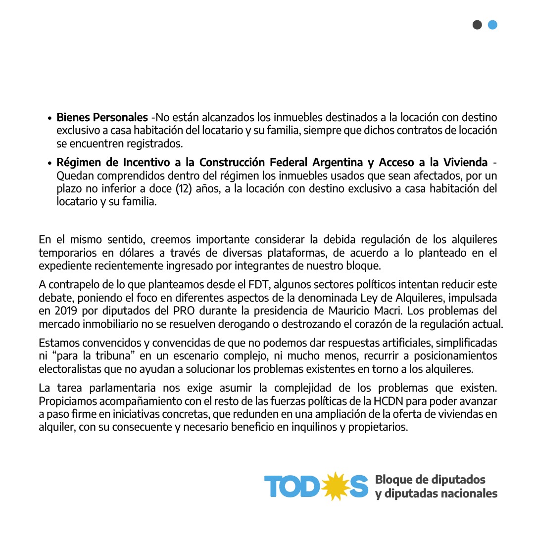 📄 • #COMUNICADO TRABAJAMOS PARA AMPLIAR LA OFERTA DE VIVIENDA EN ALQUILER. PROPONEMOS INCENTIVOS TRIBUTARIOS PARA PROPIETARIOS, REGULACIÓN DE ALQUILERES TEMPORARIOS EN DÓLARES Y DEFENSA DE LOS DERECHOS DE LOS INQUILINOS.

⬇️