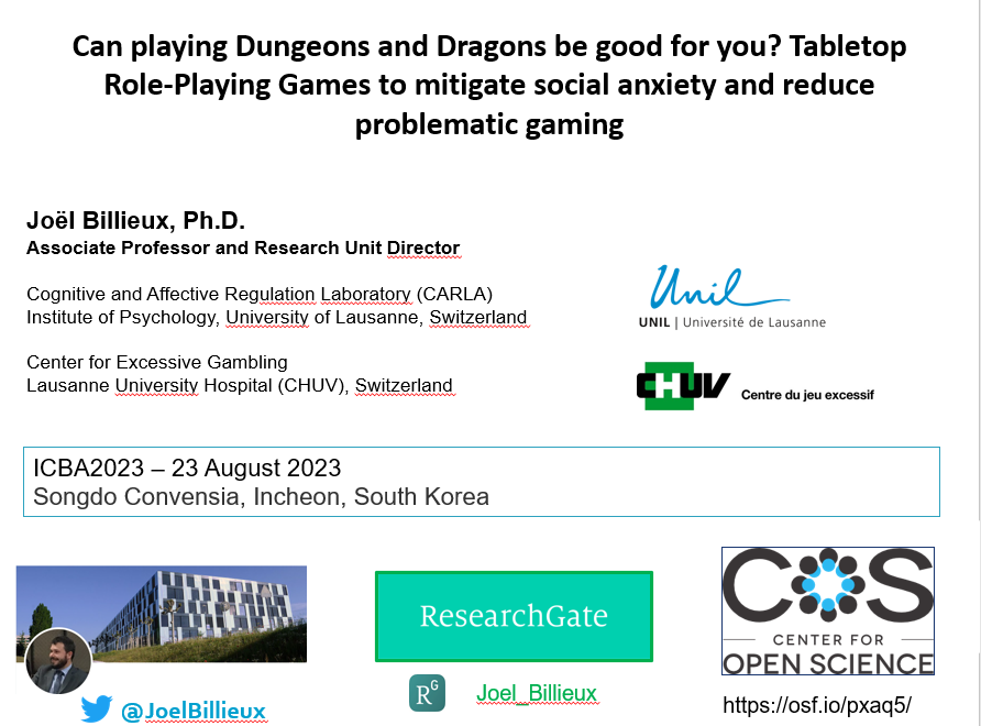 JoelBillieux's tweet photo. Ready to deliver my talk at the #ICBA2023 today (first parallel session, room 1). Its all about capitalizing on #TTRPG to help socially anxious gamers. 

@unil @CarlaUnil https://t.co/8hZSsx1Mwt