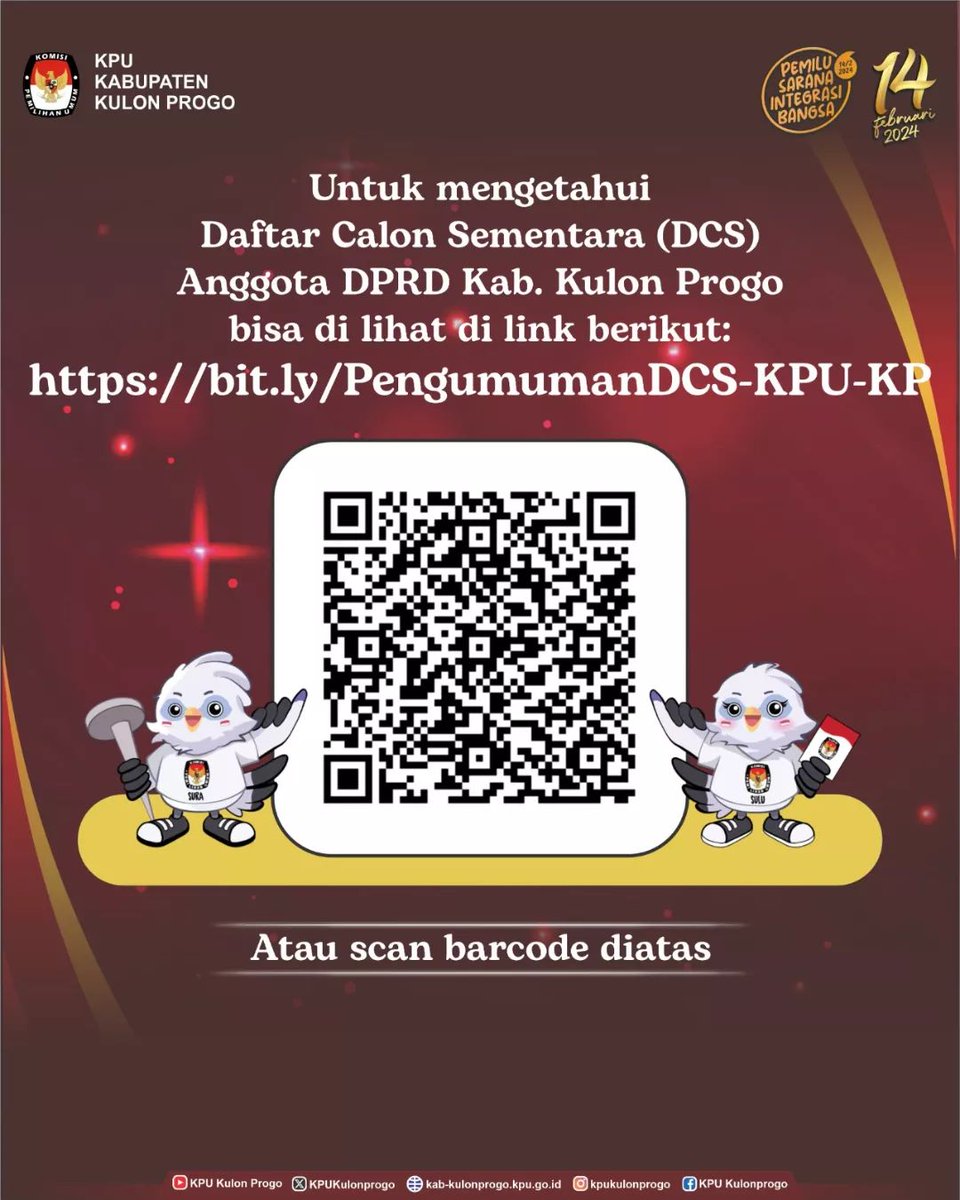 Daftar Calon Sementara Anggota DPRD Kab. Kulon Progo dalam pemilihan umum tahun 2024, silahkan bisa langsung cek pada link berikut :
bit.ly/PengumumanDCS-…
atau scan barcode disini 👇