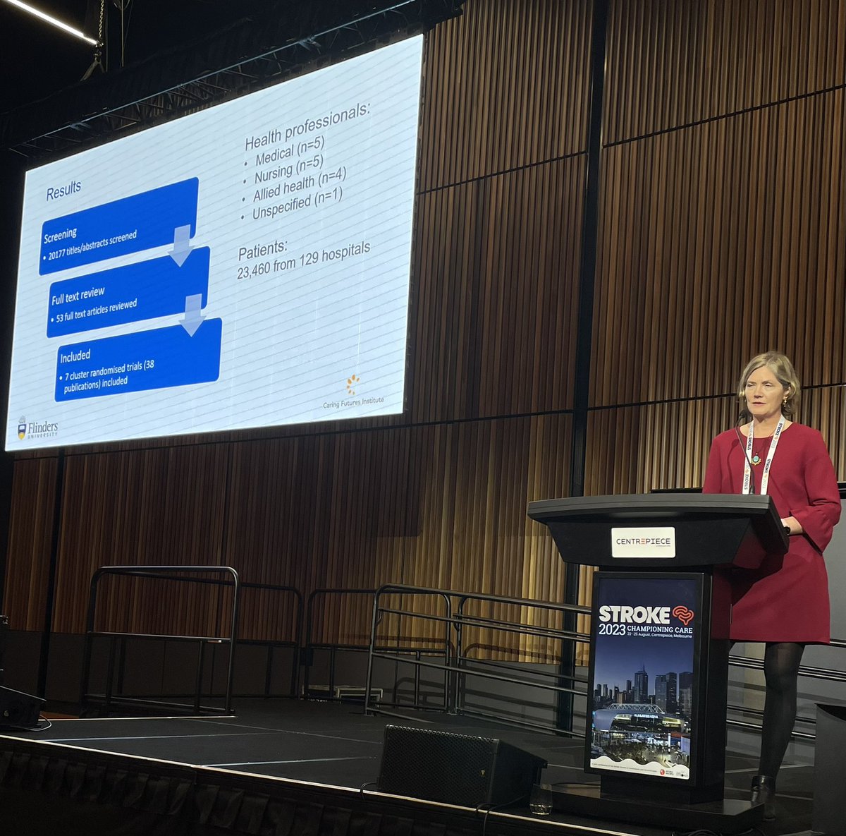 @E_A_Lynch presenting our #cochranereview on the effectiveness of behaviour change interventions on acute stroke units doi.org/10.1002%2F1465… #stroke2023 @SSA_Stroke @Flinders