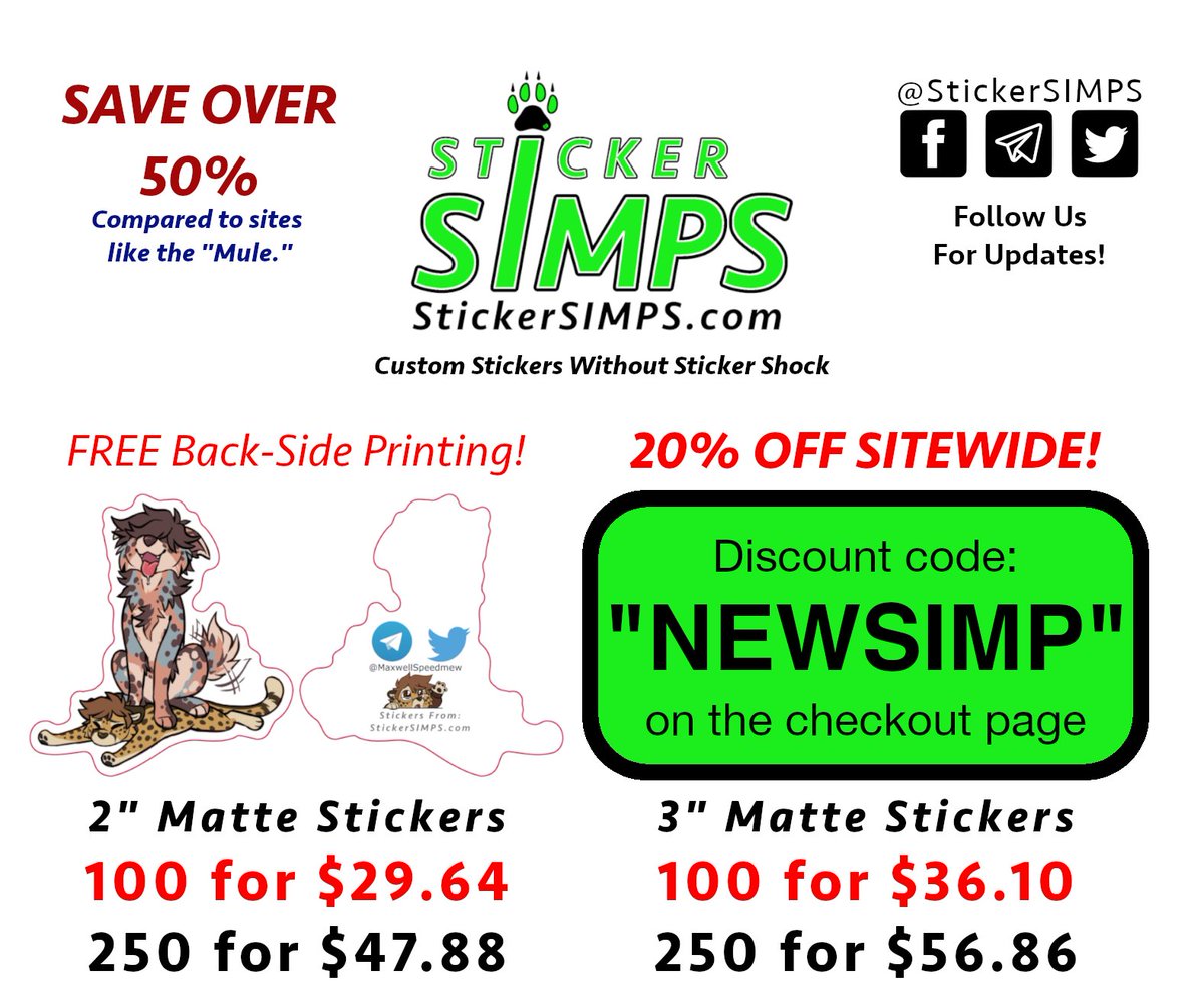 STICKERS?!? 🤔 LAUNCH PROMO!?!
StickerSIMPS.com 💚UwU💚

Plus: we'll DOUBLE one random order if we reach 30 orders this batch! 😍

#SiteLaunch #Stickers #CustomStickers #Deal #LimitedTimeOffer