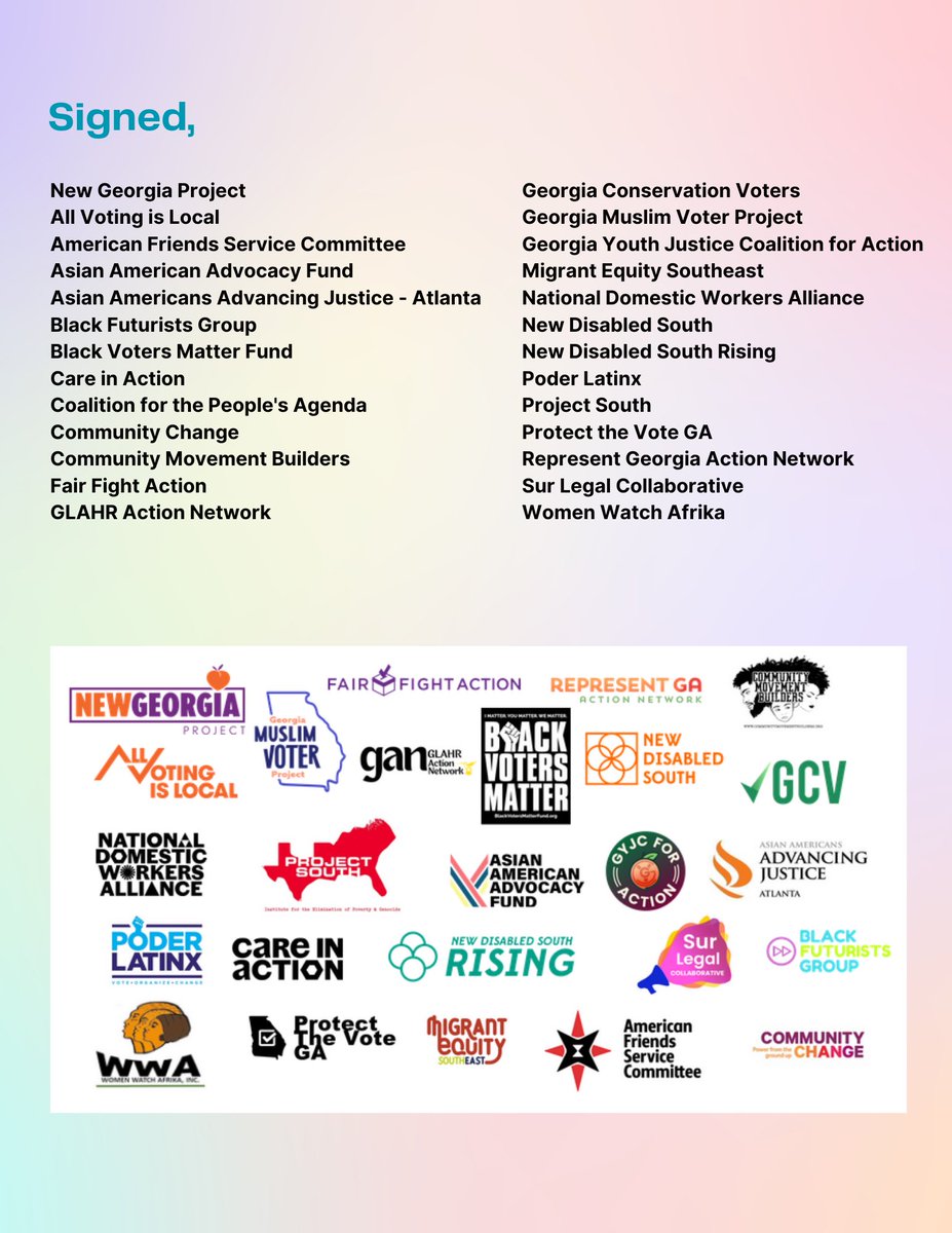 NewGAProject's tweet image. ✍🏽 AN OPEN LETTER TO ATLANTA LEADERS ON SIGNATURE MATCHING: 

Signed, 
GA’s leading voter rights orgs including @fairfightaction @VotingIsLocal @AsianAAF @BlackVotersMtr @GAMVP @AAAJ_Atlanta @CommunityMvt @communitychange @GLAHR_ @PoderLatinx @DisabledSouth @georgiayouthco + more
