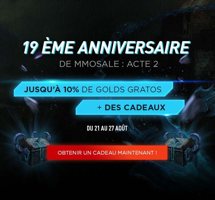 19 ème anniversaire de Mmosale, Jusqu'à 10% de Golds gratos + des cadeaux, Du 21 au 27 août
👉mmosale-fr.com/sales_july.html
#WoW #WoWClassic #SWTOR #FF14 #FF11 #ESO #GW #DOFUS #NewWorld #EVE #Rift #STO #POE #FIFA23 #Lostark #NoMansSky #mmosale_fr #games #jeu #anniversarysale #goldsale