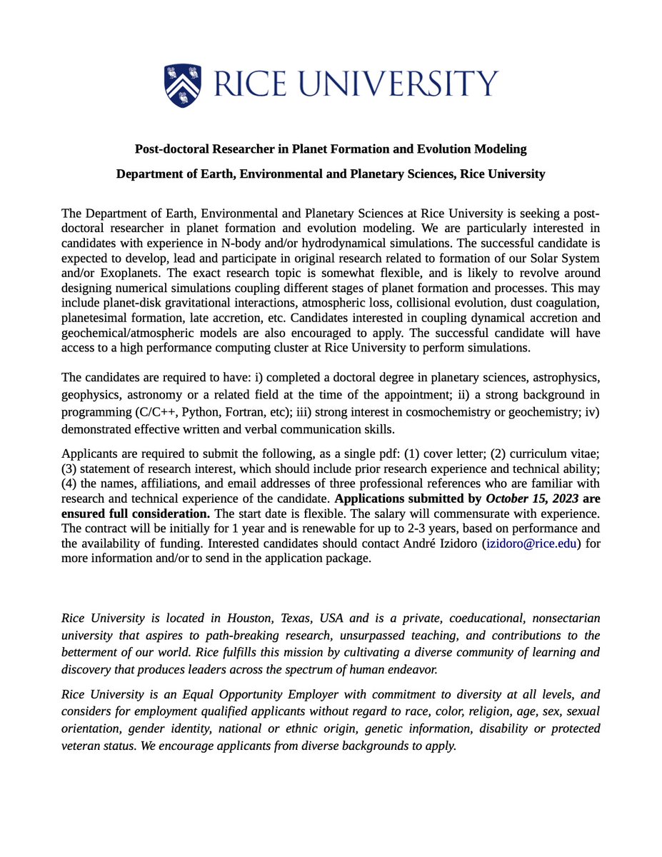 Andre Izidoro (@izidoro_astro) on Twitter photo 🚨🪐Postdoc position in Planet Formation🪐🚨
I am looking for a postdoc in planet formation and evolution modeling to join my group <a href="/RiceEarthSci/">Rice Earth, Environmental and Planetary Sciences</a>.
Please, share this announcement with potential candidates and DM me if you want to know more. 🚨🪐Postdoc position in Planet Formation🪐🚨
I am looking for a postdoc in planet formation and evolution modeling to join my group <a href="/RiceEarthSci/">Rice Earth, Environmental and Planetary Sciences</a>.
Please, share this announcement with potential candidates and DM me if you want to know more.