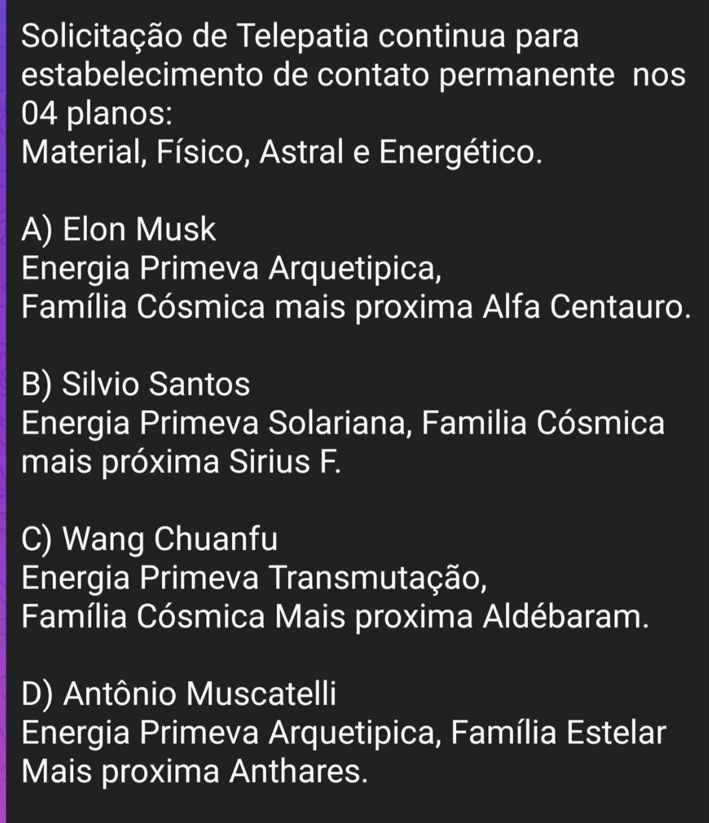 AltoConselho's tweet photo. LIFE GOVERNMENT!

Telepathy request continues to establish permanent contact in the 04 plans:
Material, Physical, Astral and Energetic.

A) Elon Musk
 Archetypal Primal Energy,
 Closest Cosmic Family Alpha Centauri.

 Info 18/07/2023.
 VERSAL STRUCTURE managers.
@elonmusk https://t.co/368ZbXAmt6