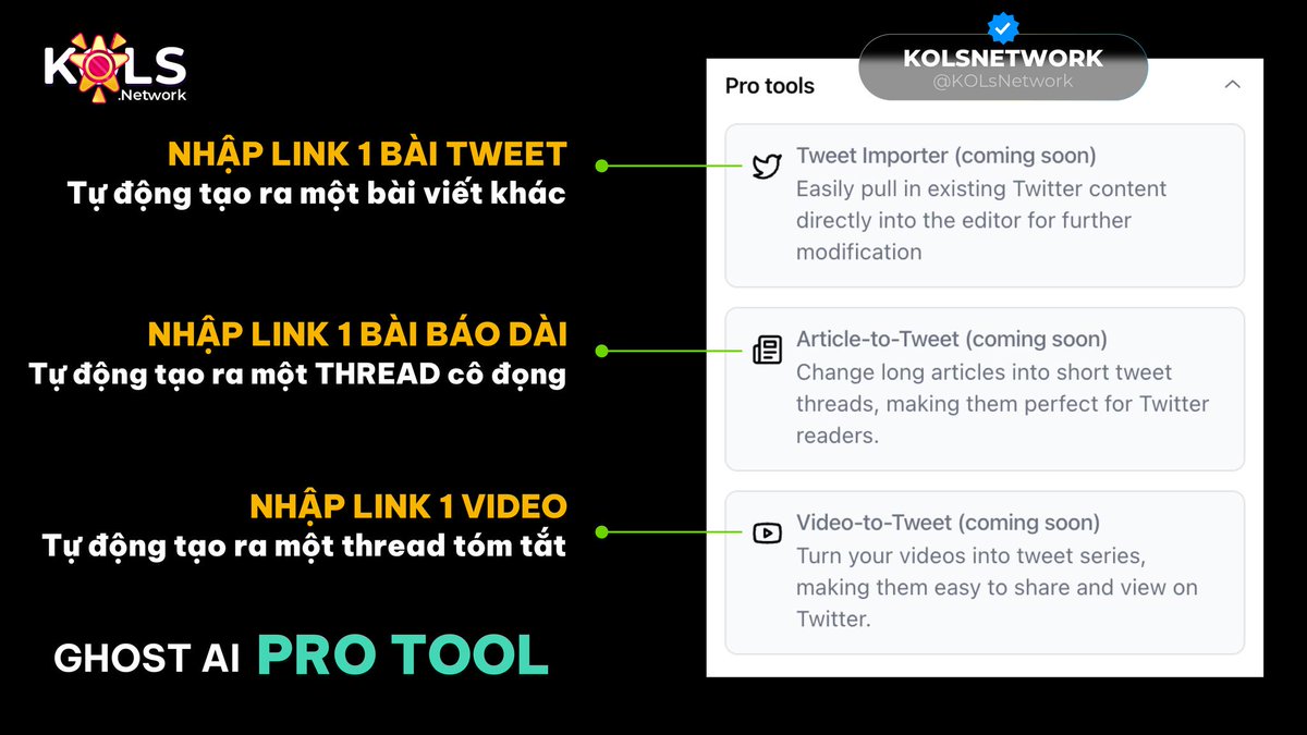 Rat22_Crypto's tweet photo. ⚡️PRO TOOL của KOLS NETWORK đỉnh vậy chời! 

Với một cú click đơn giản, giải quyết ngay mớ công việc khổng lồ.  Không chỉ sáng tạo mà còn "remix" nội dung từ người khác theo phong cách riêng của mình.

Một từ thôi: CHẤT 😎

#KOLSNETWORK #WEB3 #CryptoX https://t.co/otWTl9iGOt